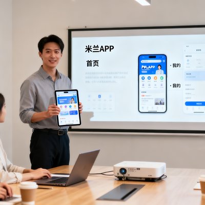 产品经理小陈在会议室展示米兰APP原型